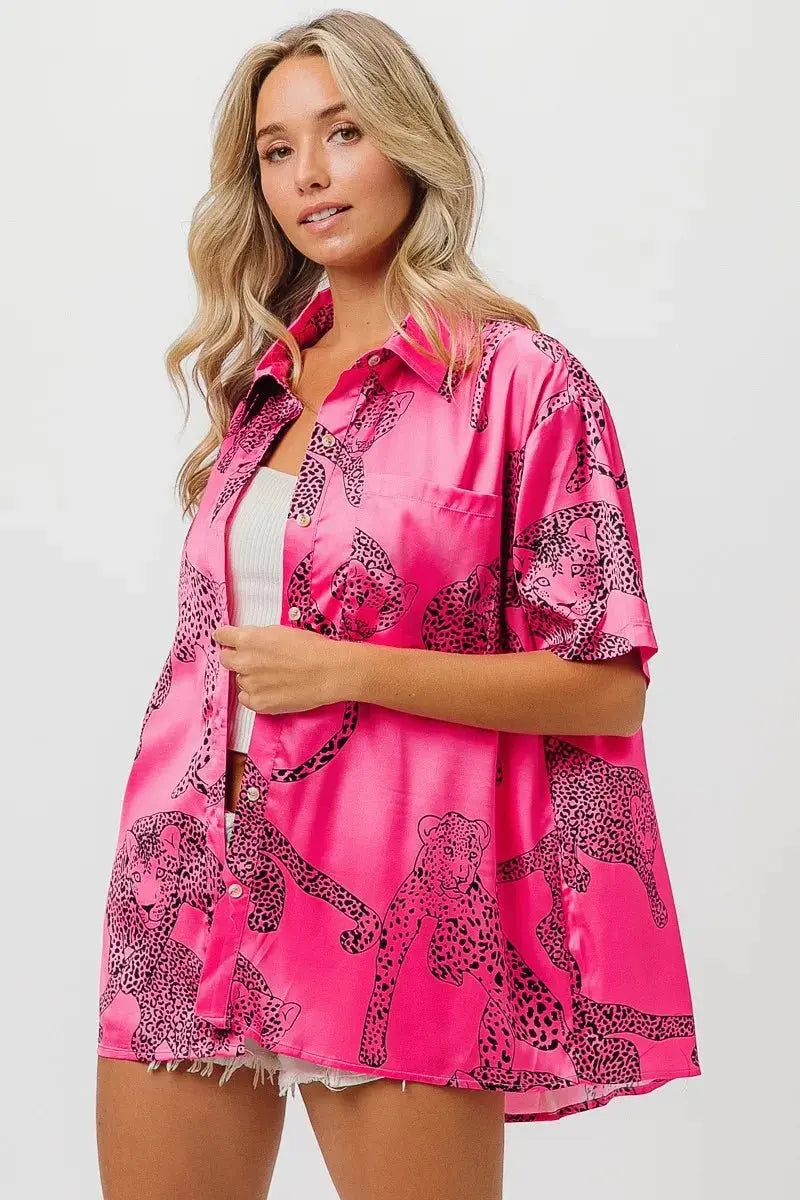 Accessories Trendsi Leopard Print Shirt Women's Casual Silky Satin Top - Short Sleeve, USA Ship