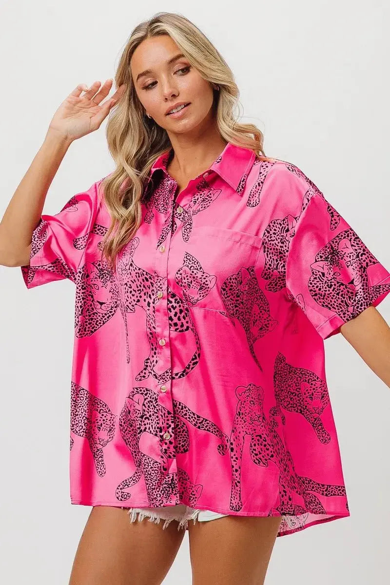 Accessories Trendsi Leopard Print Shirt Women's Casual Silky Satin Top - Short Sleeve, USA Ship