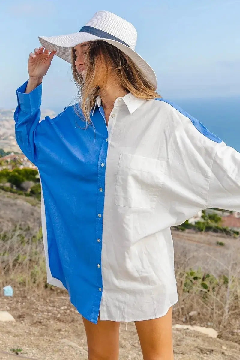 Accessories Trendsi BiBi Color Block Oversized Shirt Women's Trendy Casual Top USA Shipped