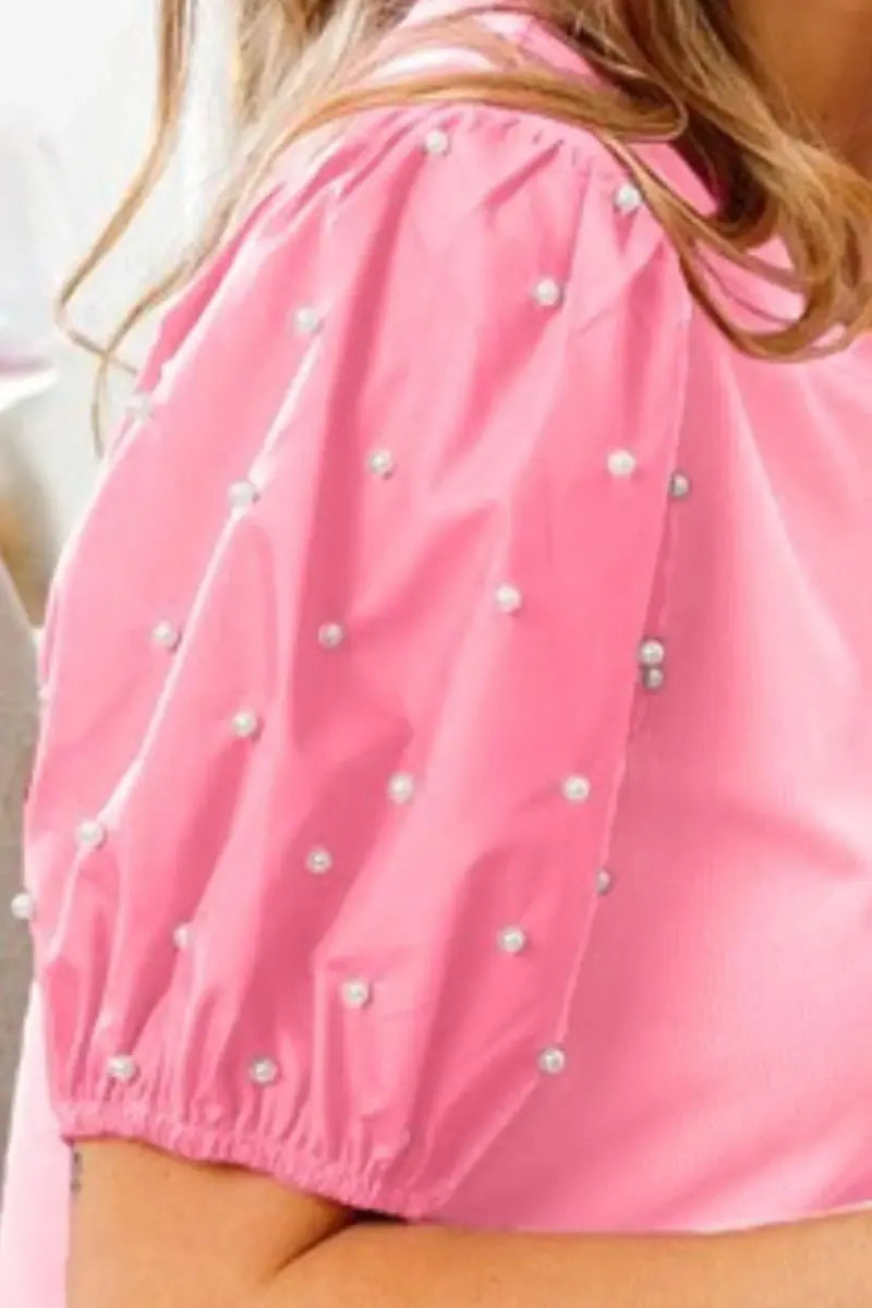 Women's Blouse - Pearl Beaded Short Puff Sleeve - Elegant Party Top