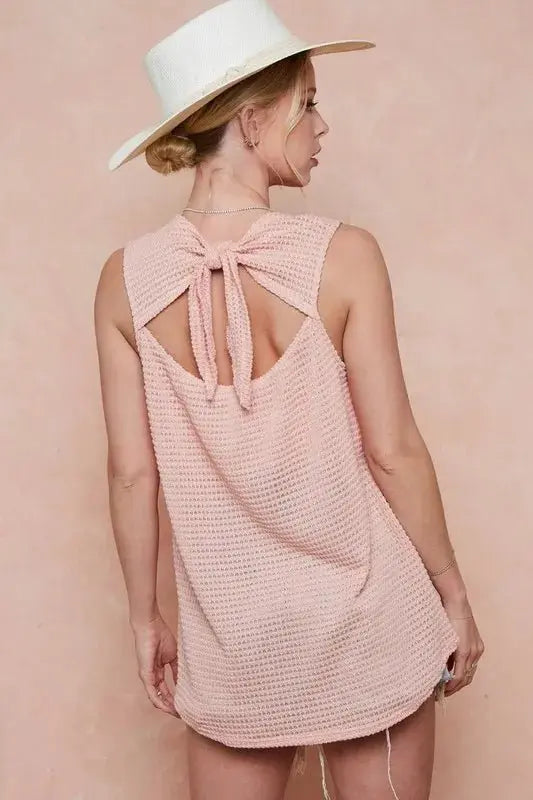 Women's Tank Top Tank Top - Popcorn Texture Open Back Tied Ribbon - Chic Casual