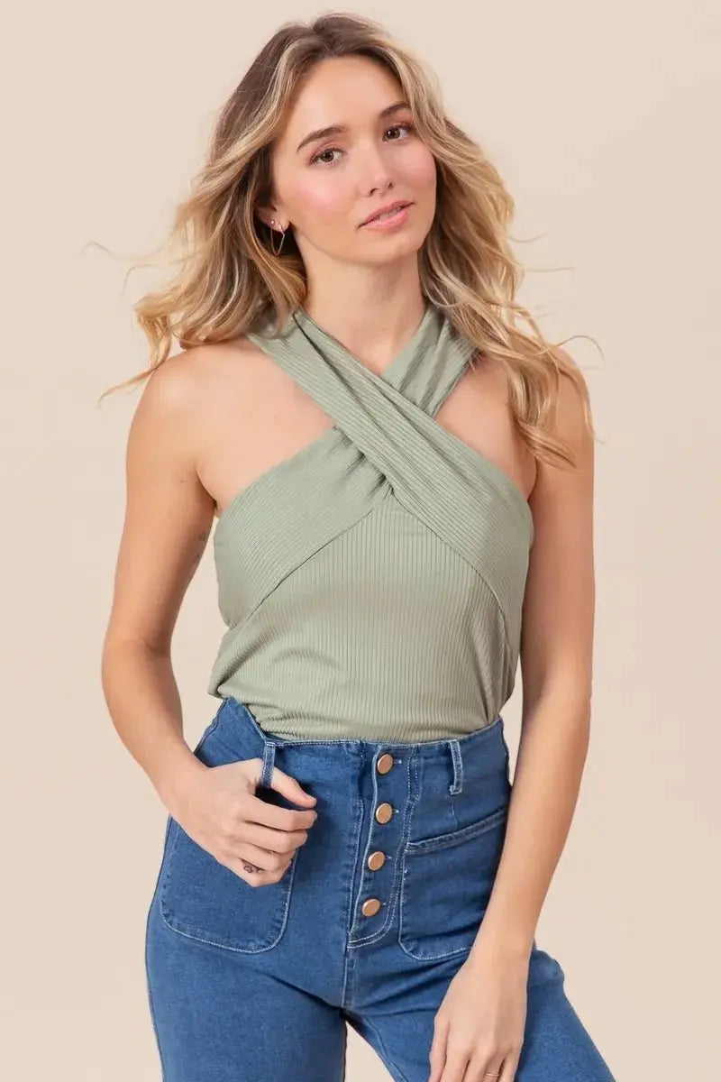 Women's Tank Top Women's Rib Knit Cross Neck Tank Top - Trendy Style
