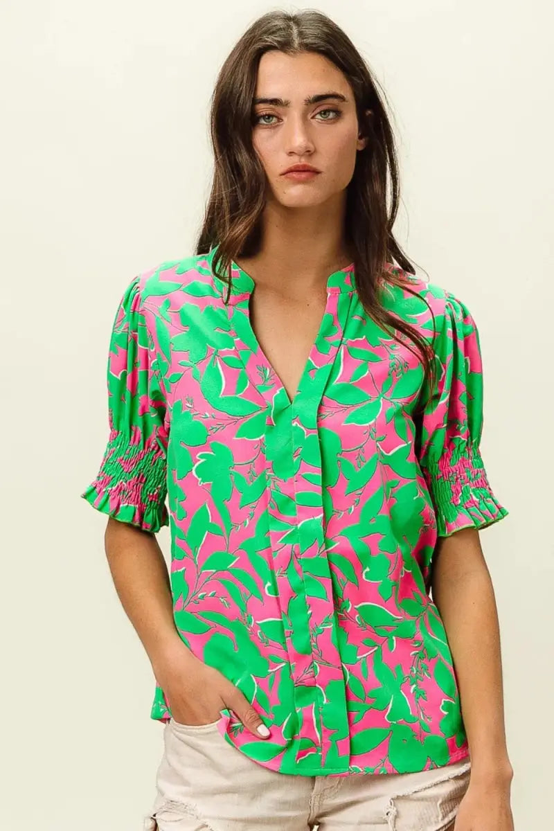 Women's Blouse Smocked Floral Top - Stylish Cuffs - Fashion Blouse