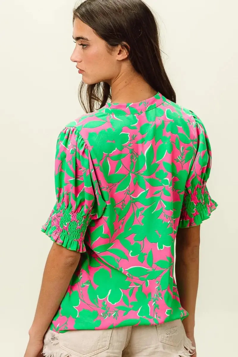 Women's Blouse Smocked Floral Top - Stylish Cuffs - Fashion Blouse