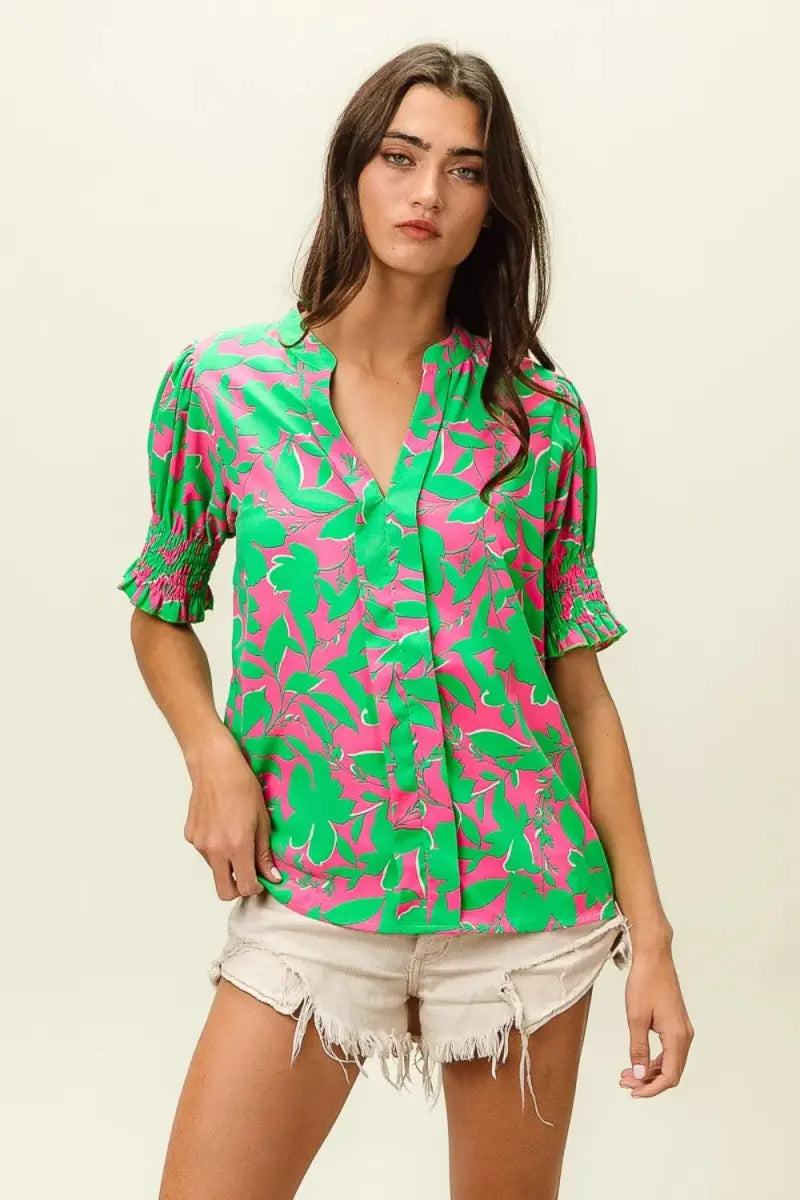 Women's Blouse Smocked Floral Top - Stylish Cuffs - Fashion Blouse