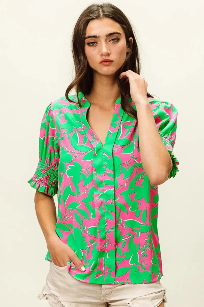 Women's Blouse Smocked Floral Top - Stylish Cuffs - Fashion Blouse