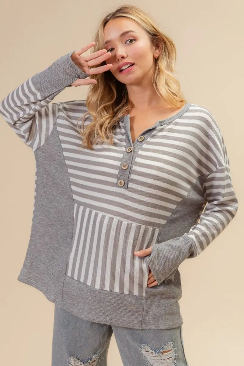 Women's Long Sleeve Top Women's Long Sleeve Tee - Striped Thumbhole - Cozy Layering Style