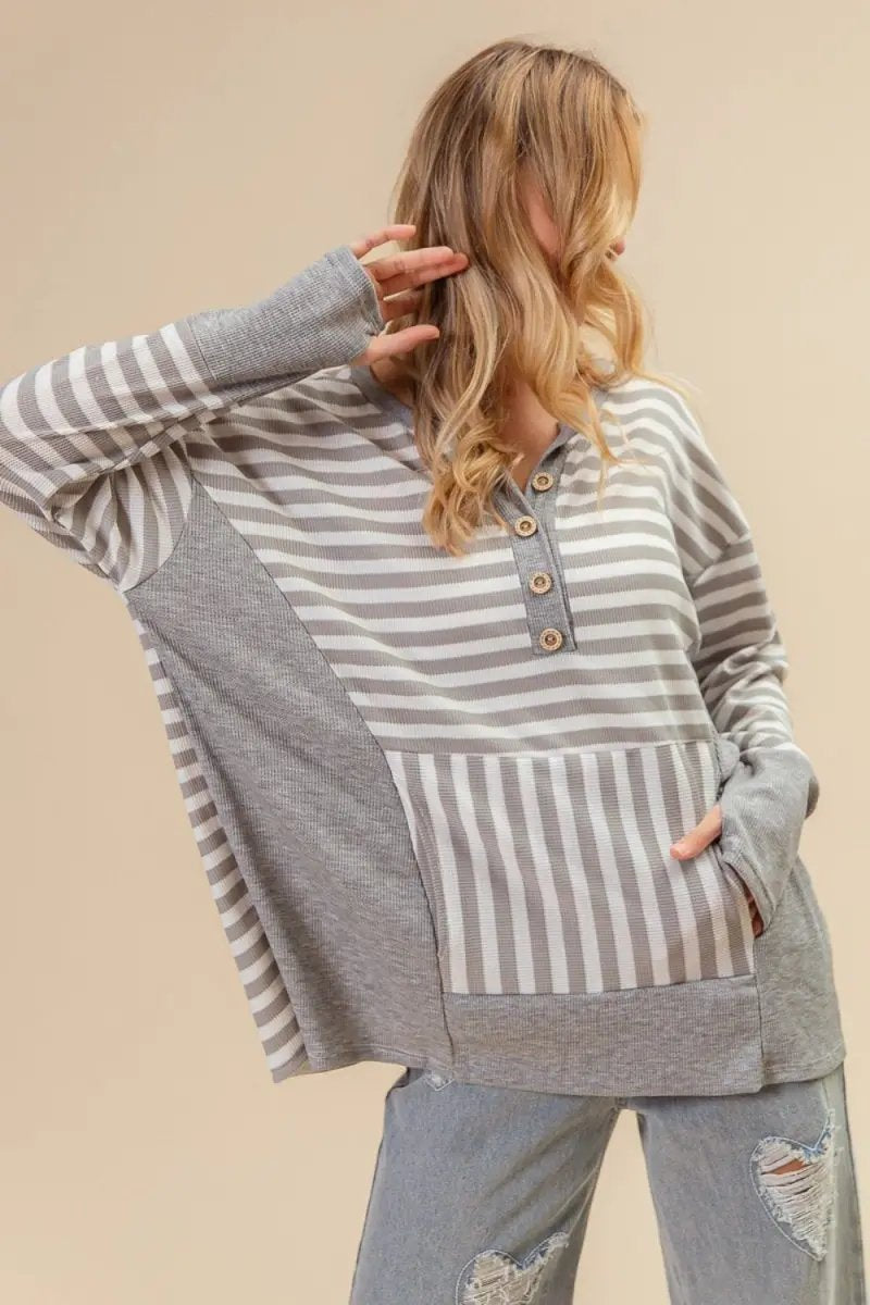 Women's Long Sleeve Top Women's Long Sleeve Tee - Striped Thumbhole - Cozy Layering Style