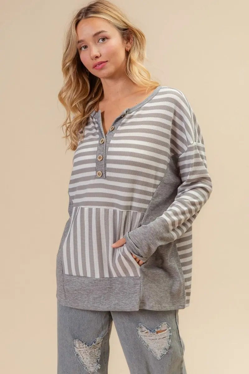 Women's Long Sleeve Top Women's Long Sleeve Tee - Striped Thumbhole - Cozy Layering Style