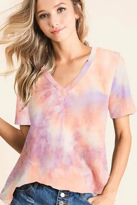 T-Shirts Trendsi Tie Dye Terry V-Neck Women's Casual Top: Soft & Trendy T-Shirt