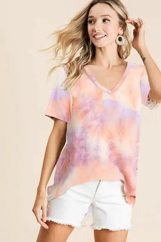 T-Shirts Trendsi Tie Dye Terry V-Neck Women's Casual Top: Soft & Trendy T-Shirt