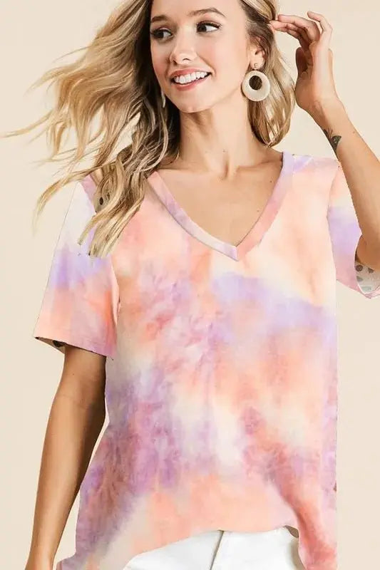 T-Shirts Trendsi Tie Dye Terry V-Neck Women's Casual Top: Soft & Trendy T-Shirt