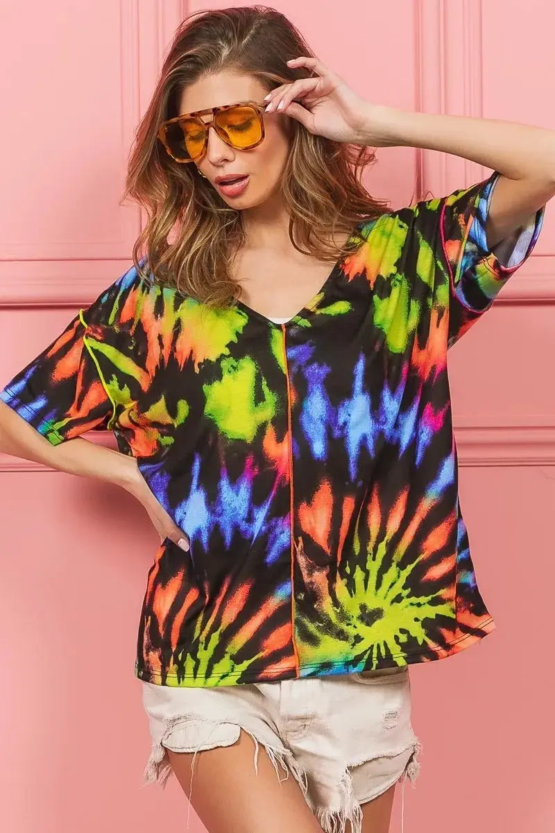 Shorts Trendsi Tie Dye V-Neck Top Women's Casual Jersey Tee - Soft & Stretchy