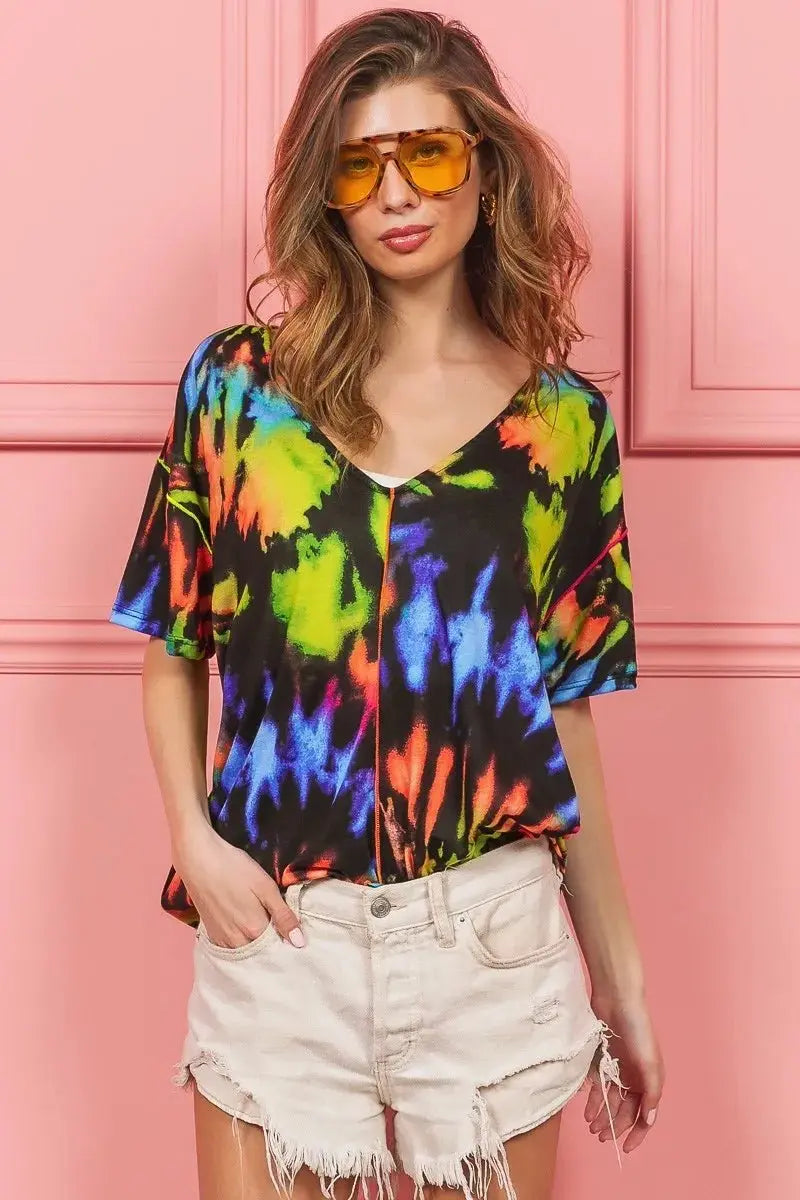 Shorts Trendsi Tie Dye V-Neck Top Women's Casual Jersey Tee - Soft & Stretchy