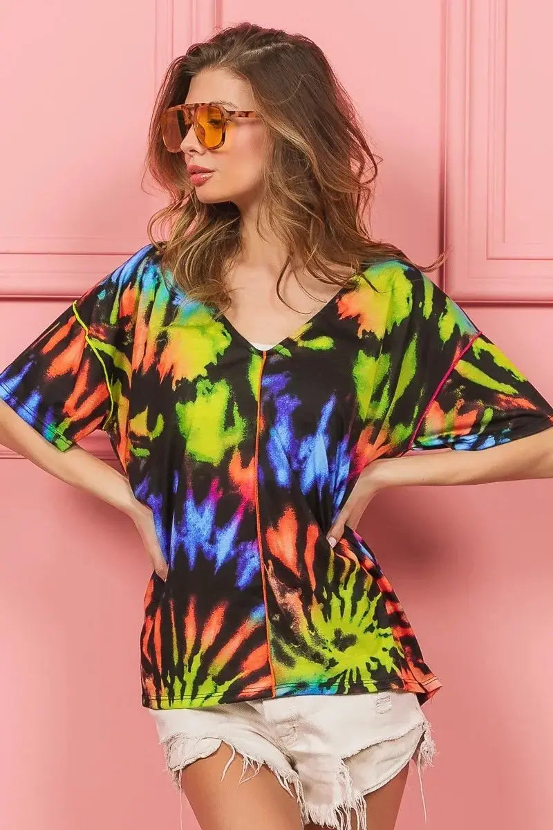 Shorts Trendsi Tie Dye V-Neck Top Women's Casual Jersey Tee - Soft & Stretchy