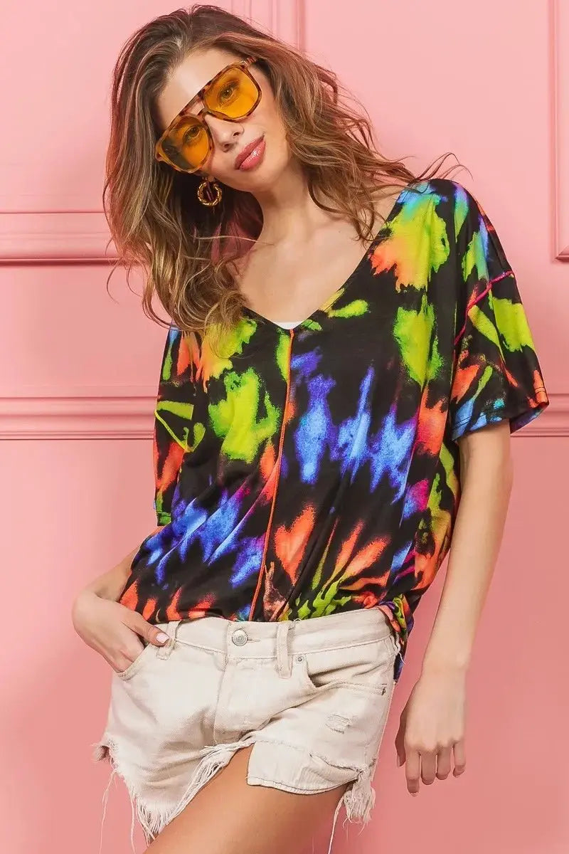 Shorts Trendsi Tie Dye V-Neck Top Women's Casual Jersey Tee - Soft & Stretchy