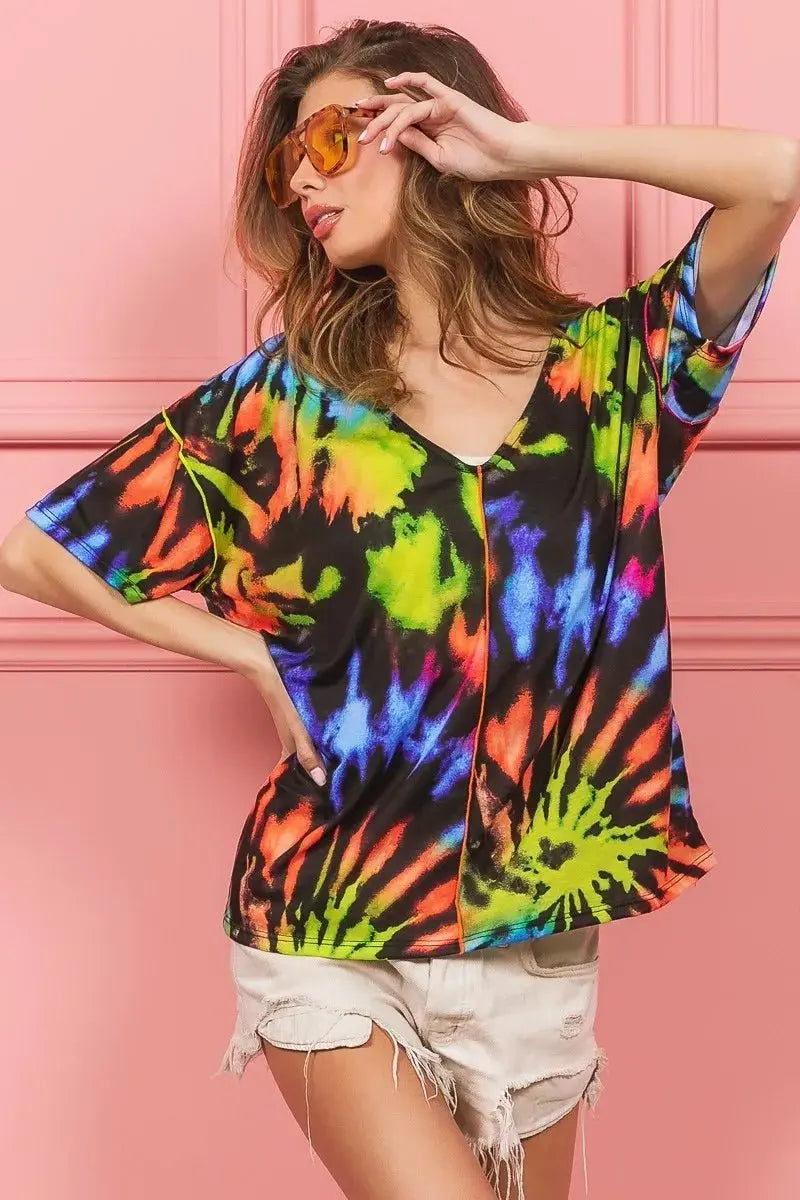 Shorts Trendsi Tie Dye V-Neck Top Women's Casual Jersey Tee - Soft & Stretchy