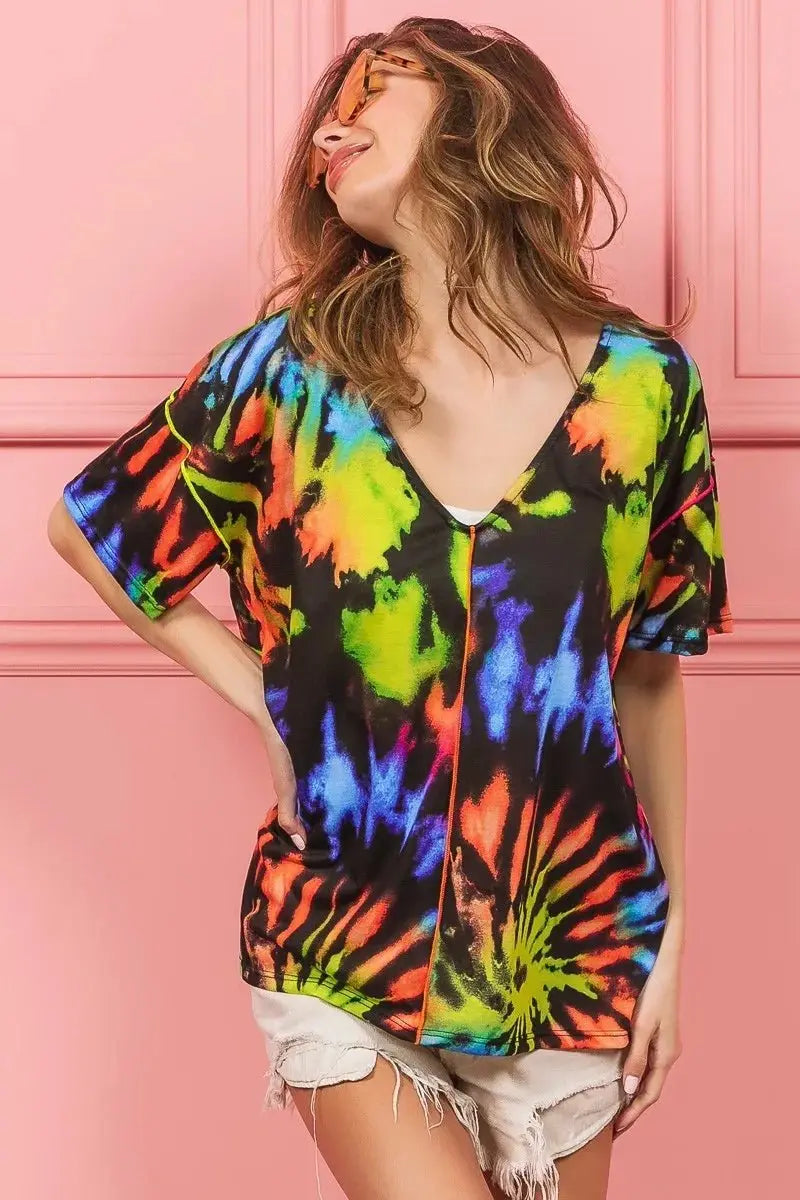 Shorts Trendsi Tie Dye V-Neck Top Women's Casual Jersey Tee - Soft & Stretchy