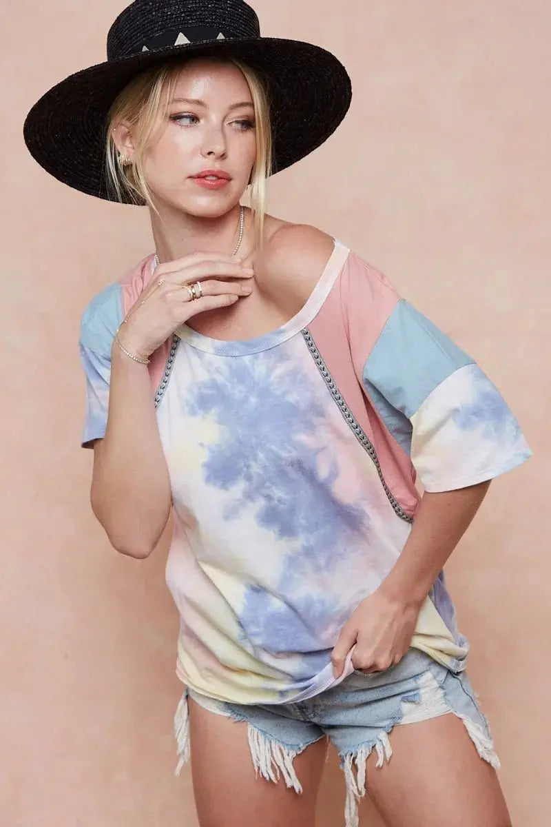 Shorts Trendsi Tie Dye Color Block Women's T-Shirt USA Shipped Cotton Tee
