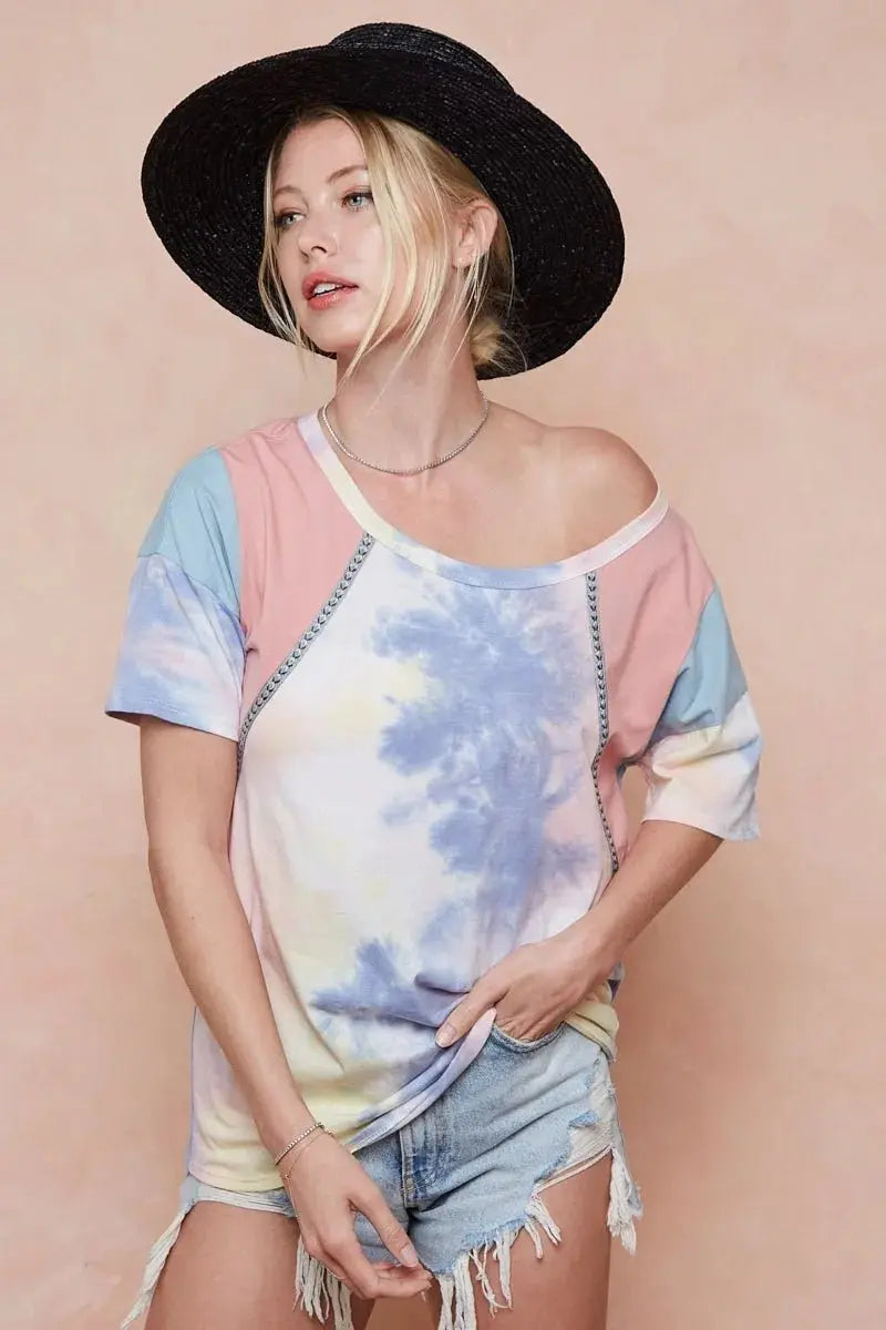 Shorts Trendsi Tie Dye Color Block Women's T-Shirt USA Shipped Cotton Tee