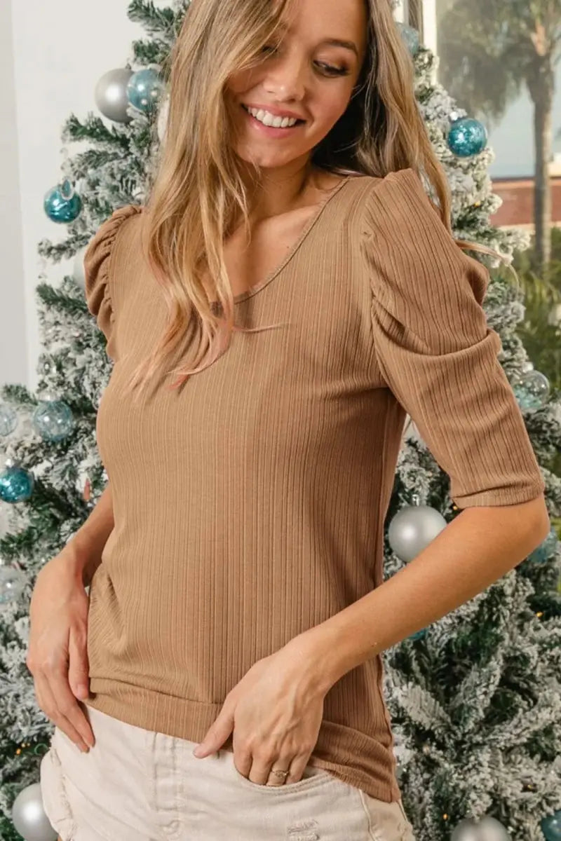 T-Shirts Trendsi Rib Knit Set Women's Casual Top & Shorts Set Puff Sleeves USA Shipped