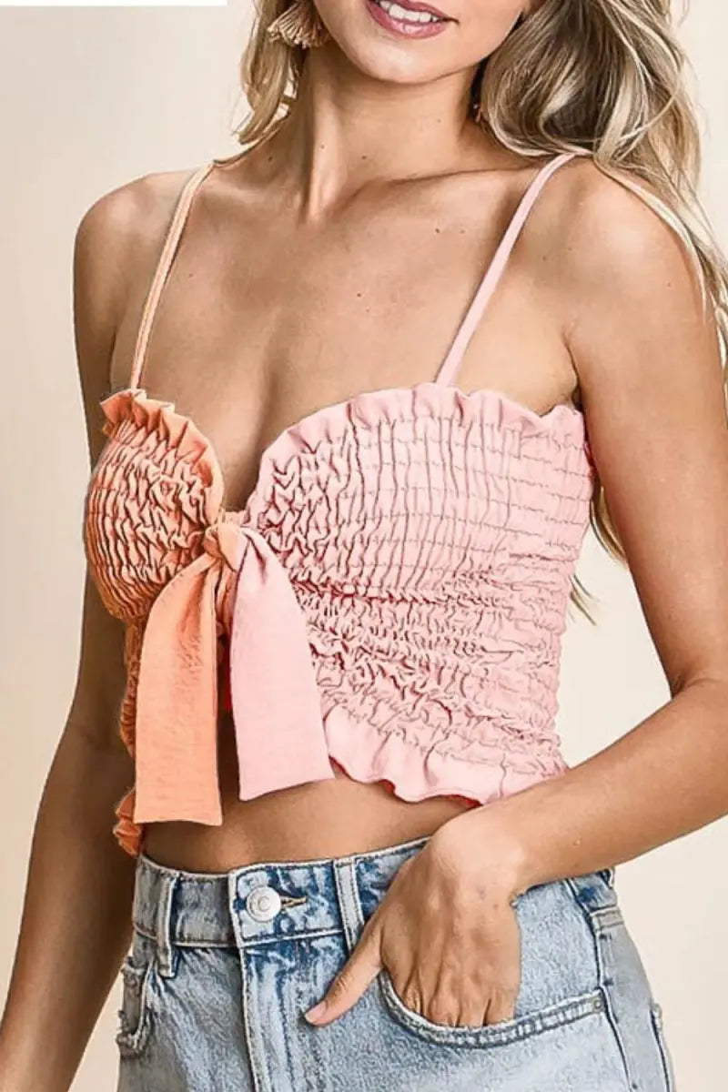 Shorts Trendsi Woven Color Block Bra Top Women's Summer Casual Smocked Ribbon Detail Tank