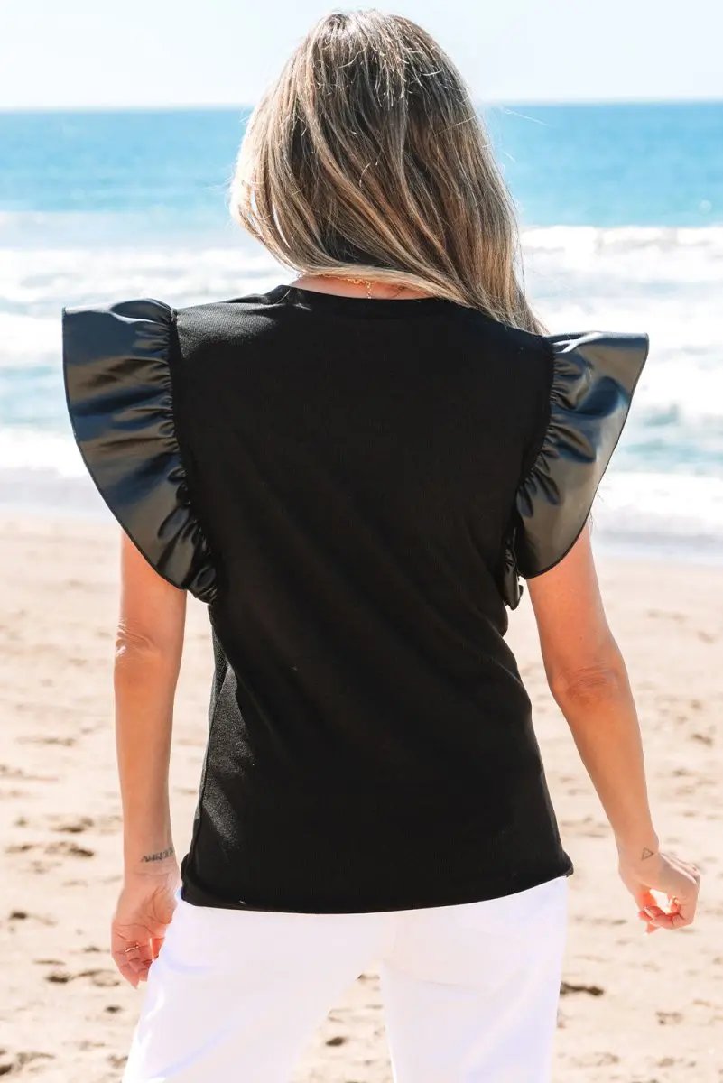 Tops/Blouses & Shirts Love Salve Black Leather Blouse Women's Daily Wear Ruffle Sleeve Top Southern Belle Style
