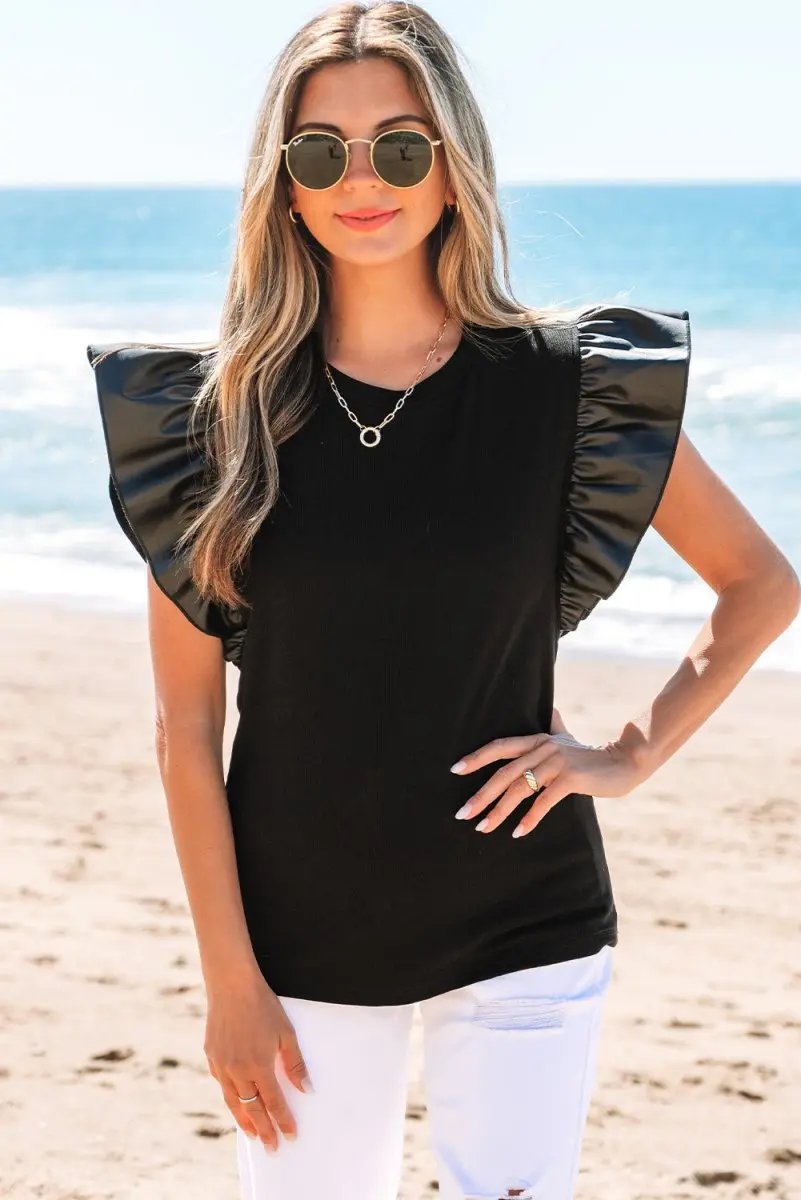 Tops/Blouses & Shirts Love Salve Black Leather Blouse Women's Daily Wear Ruffle Sleeve Top Southern Belle Style