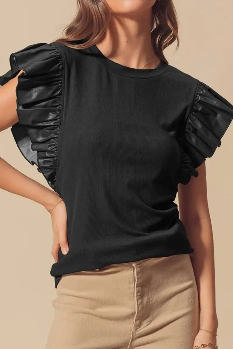 Tops/Blouses & Shirts Love Salve Black Leather Blouse Women's Daily Wear Ruffle Sleeve Top Southern Belle Style