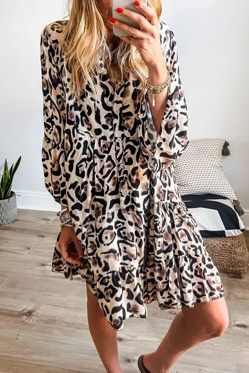 Dresses Love Salve Leopard Dress Women's Daily Spring A-Line Mini Dress Ruffle Hem, Button Front
