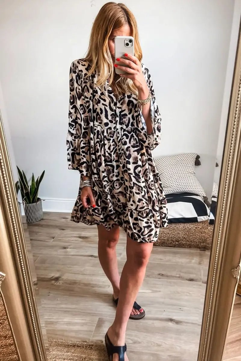 Dresses Love Salve Leopard Dress Women's Daily Spring A-Line Mini Dress Ruffle Hem, Button Front