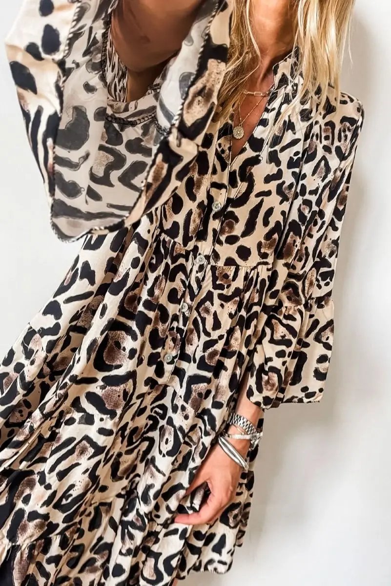 Dresses Love Salve Leopard Dress Women's Daily Spring A-Line Mini Dress Ruffle Hem, Button Front