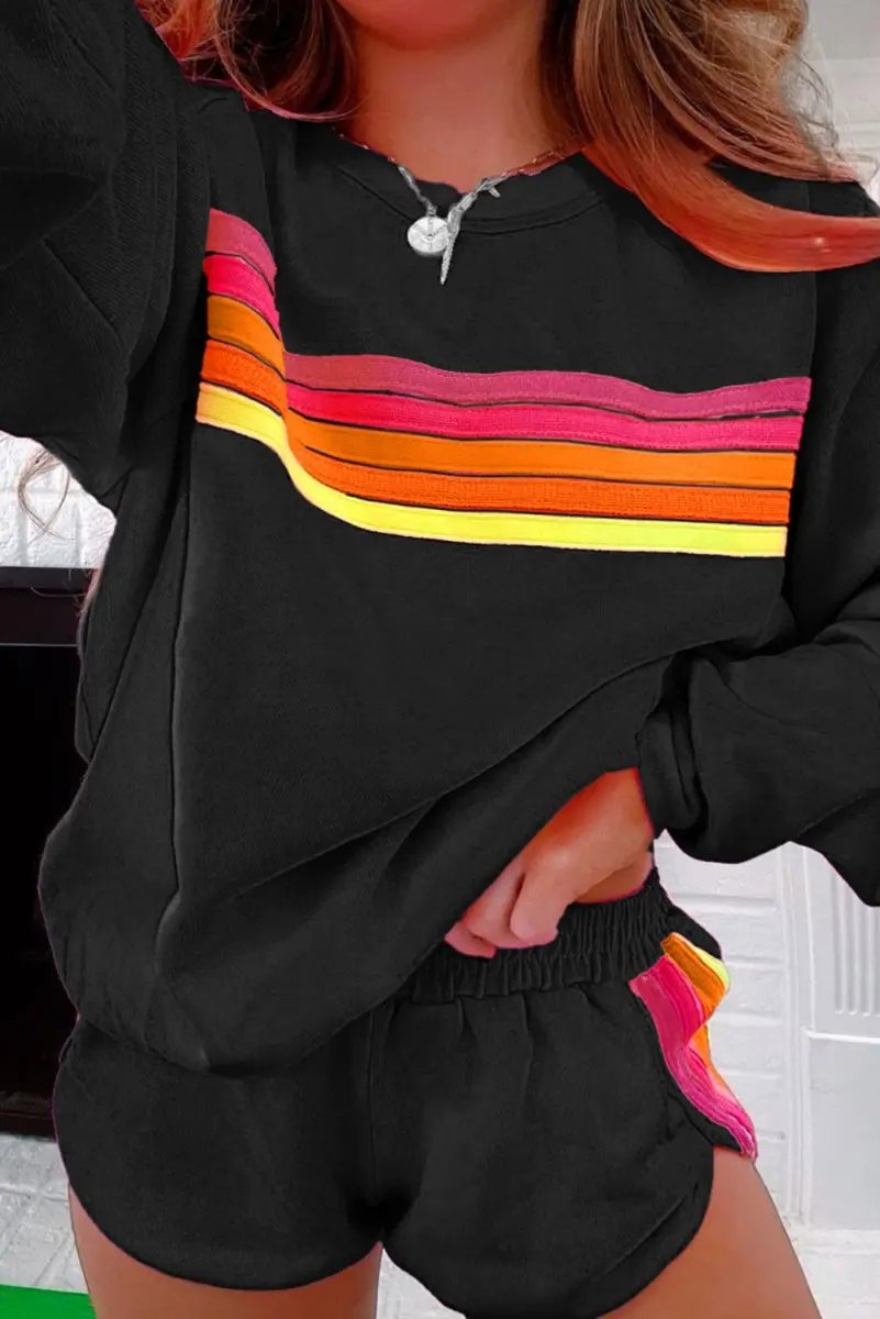 Sweaters Love Salve Black Striped Pullover Set Women's Casual Loungewear Two-Piece: Soft & Comfy