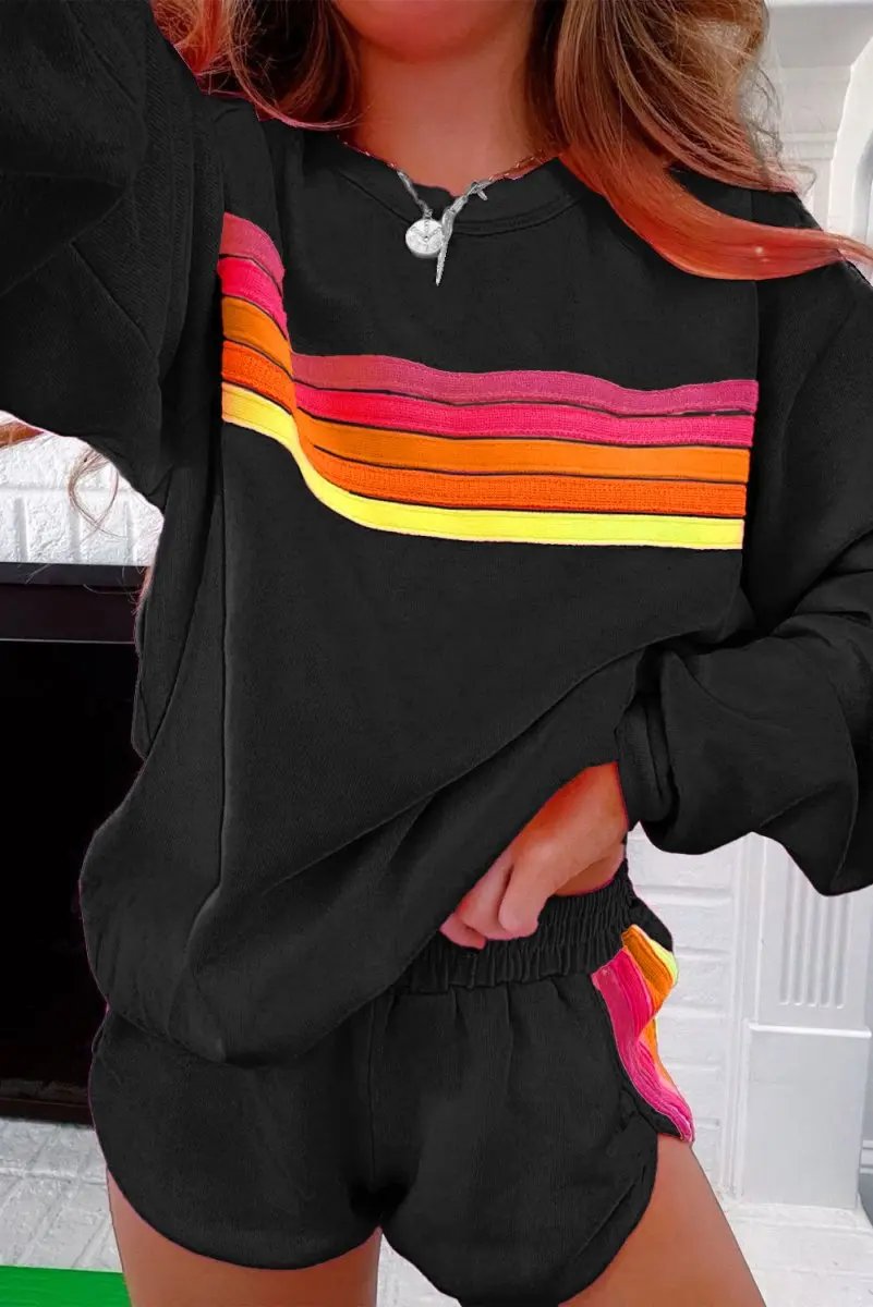 Sweaters Love Salve Black Striped Pullover Set Women's Casual Loungewear Two-Piece: Soft & Comfy
