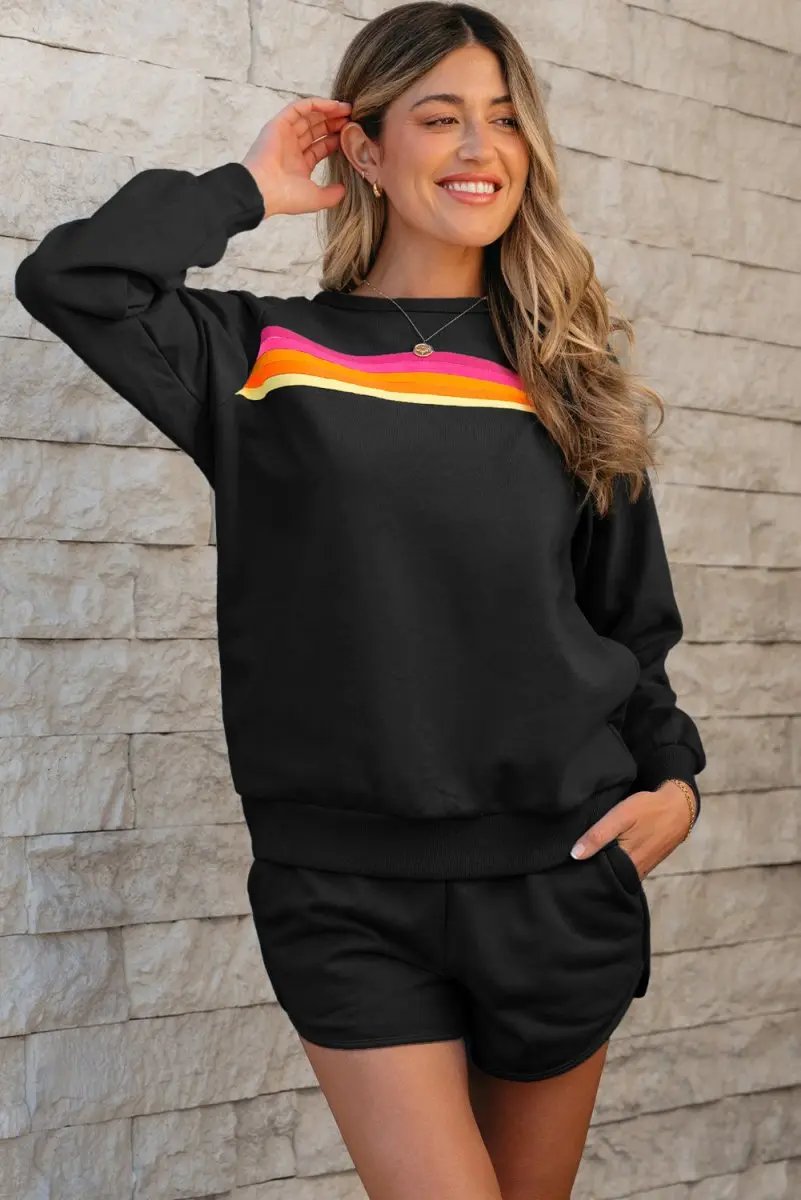 Sweaters Love Salve Black Striped Pullover Set Women's Casual Loungewear Two-Piece: Soft & Comfy