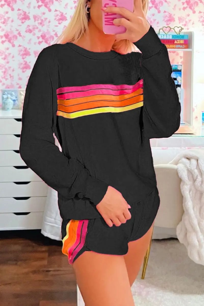Sweaters Love Salve Black Striped Pullover Set Women's Casual Loungewear Two-Piece: Soft & Comfy
