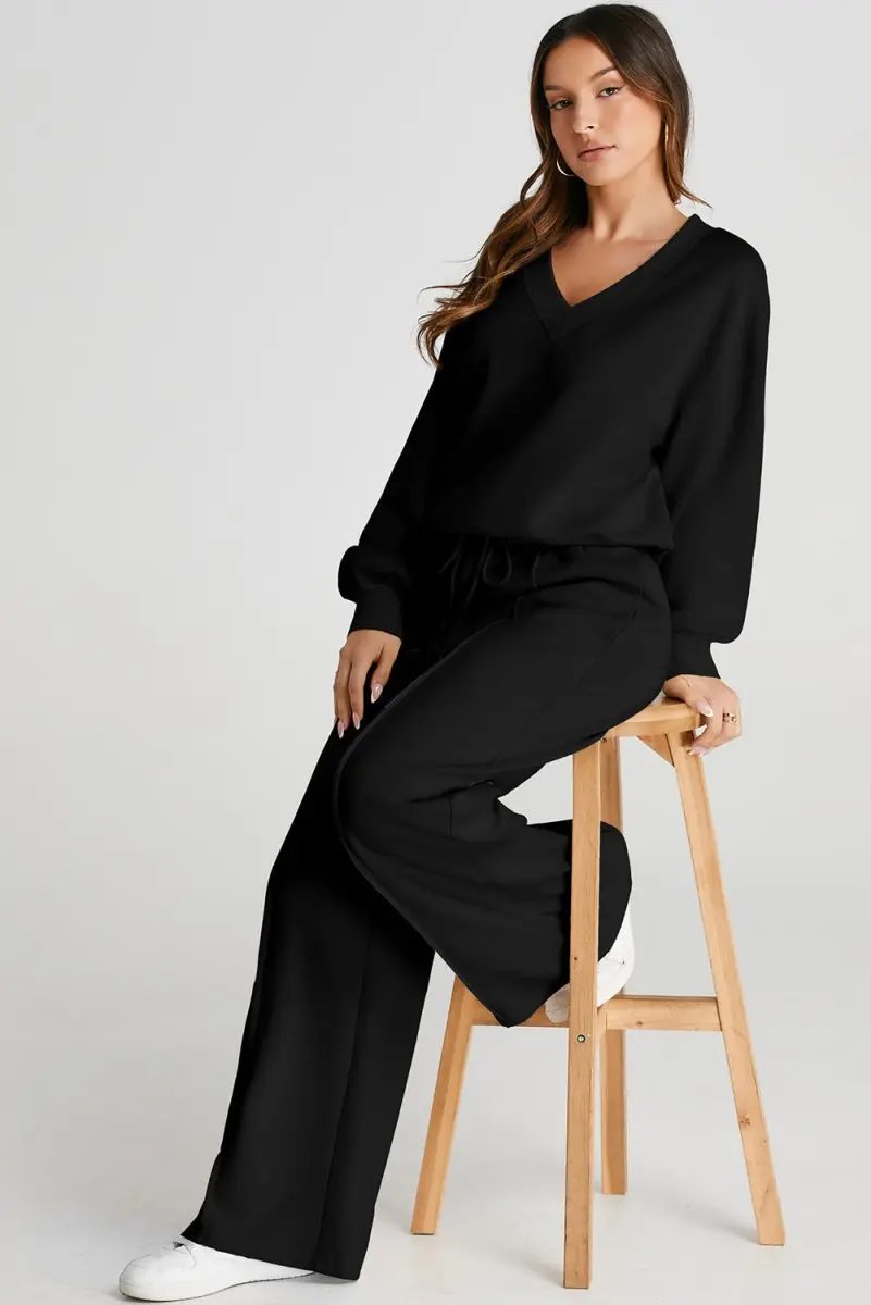 Pants Love Salve Black V-Neck Set Women's Workout or Lounge Set High Waist, Seamed, Cropped