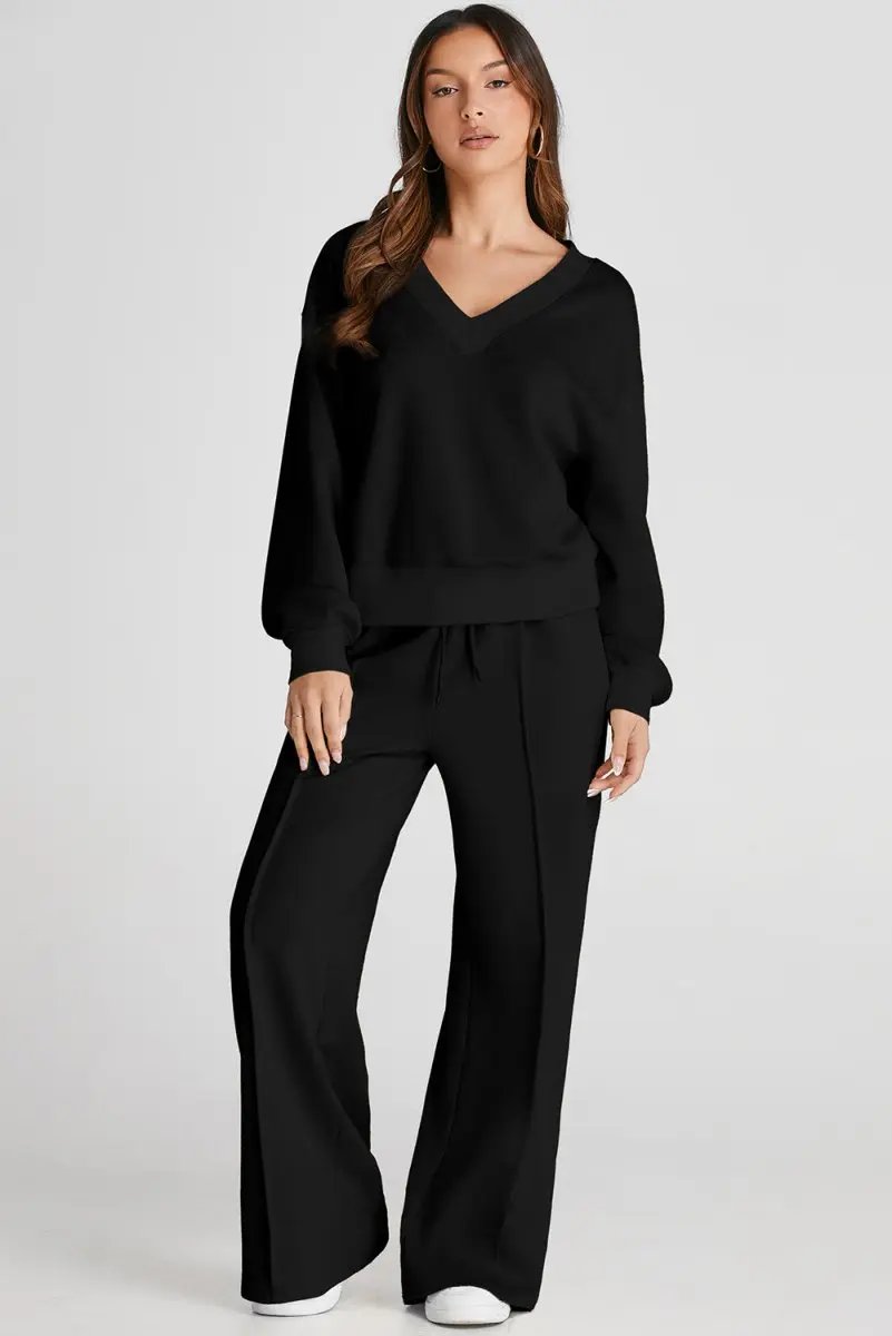 Pants Love Salve Black V-Neck Set Women's Workout or Lounge Set High Waist, Seamed, Cropped