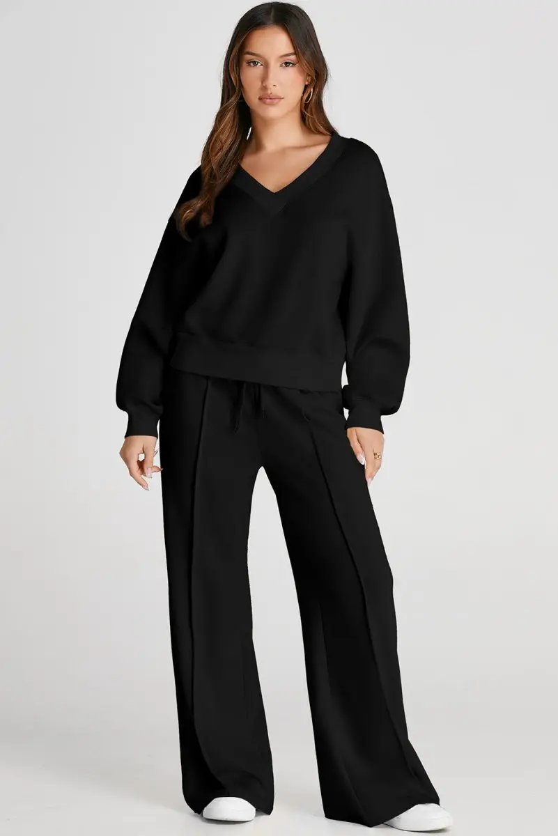 Pants Love Salve Black V-Neck Set Women's Workout or Lounge Set High Waist, Seamed, Cropped