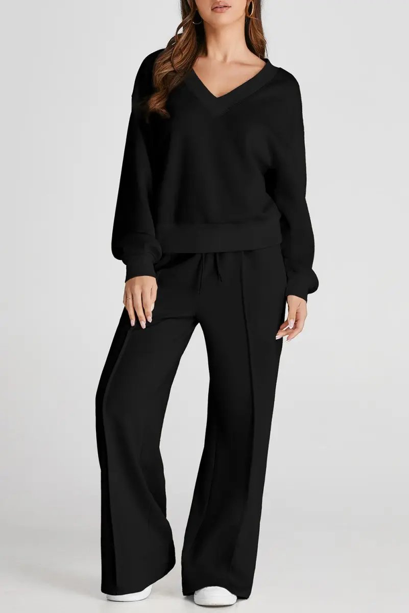 Pants Love Salve Black V-Neck Set Women's Workout or Lounge Set High Waist, Seamed, Cropped