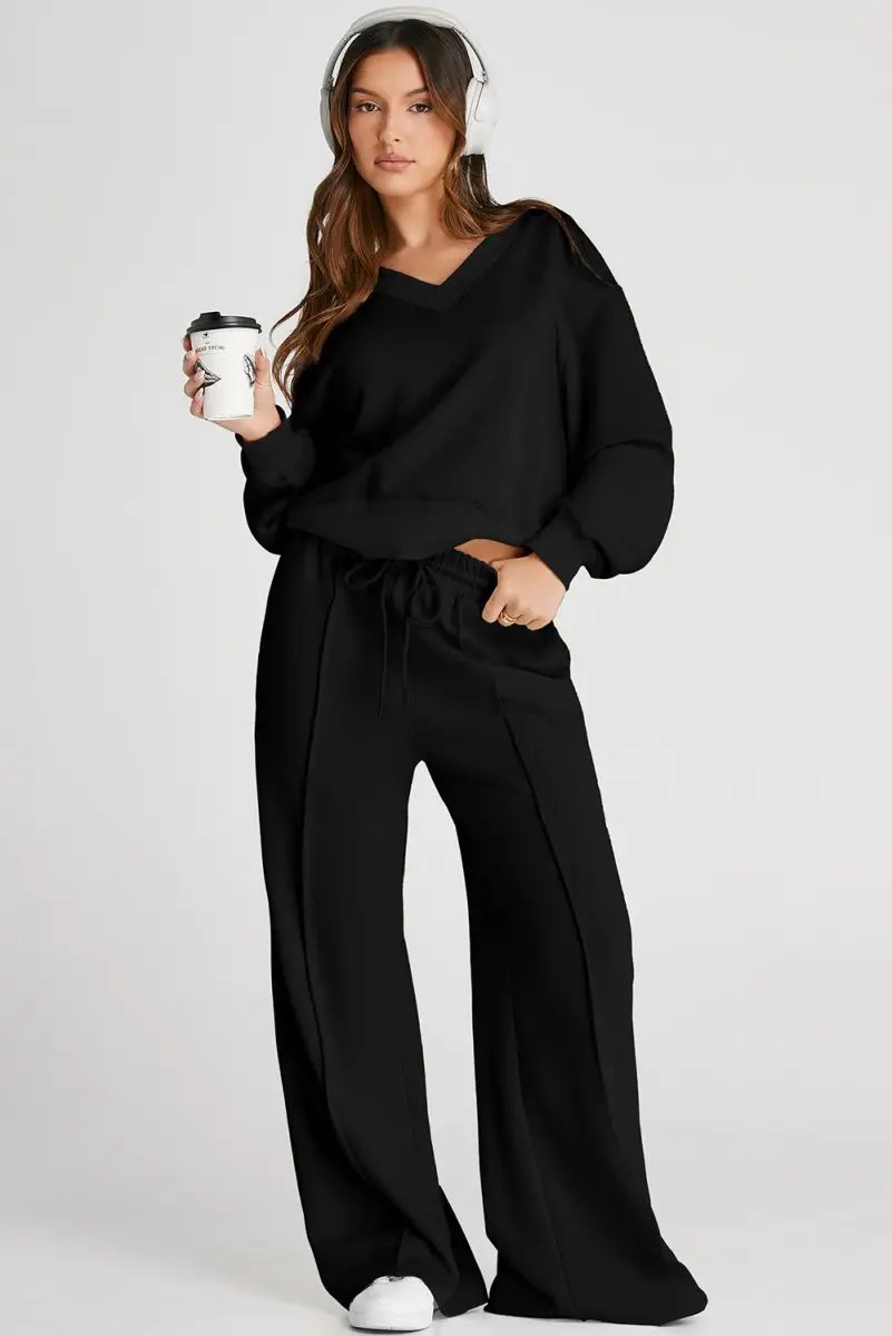 Pants Love Salve Black V-Neck Set Women's Workout or Lounge Set High Waist, Seamed, Cropped