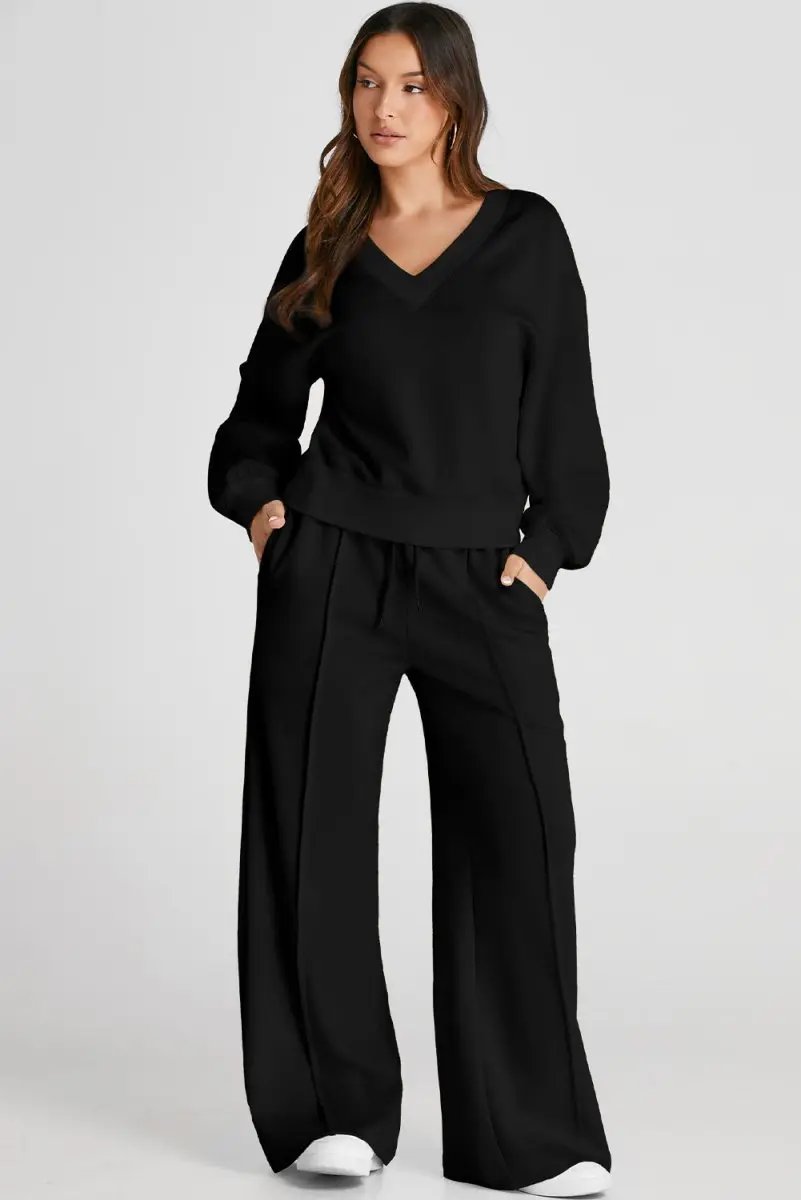 Pants Love Salve Black V-Neck Set Women's Workout or Lounge Set High Waist, Seamed, Cropped
