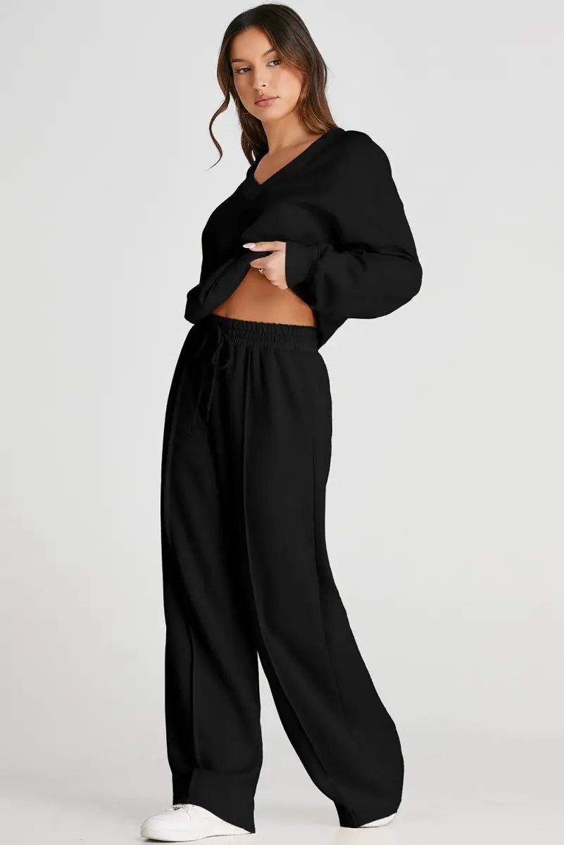 Pants Love Salve Black V-Neck Set Women's Workout or Lounge Set High Waist, Seamed, Cropped