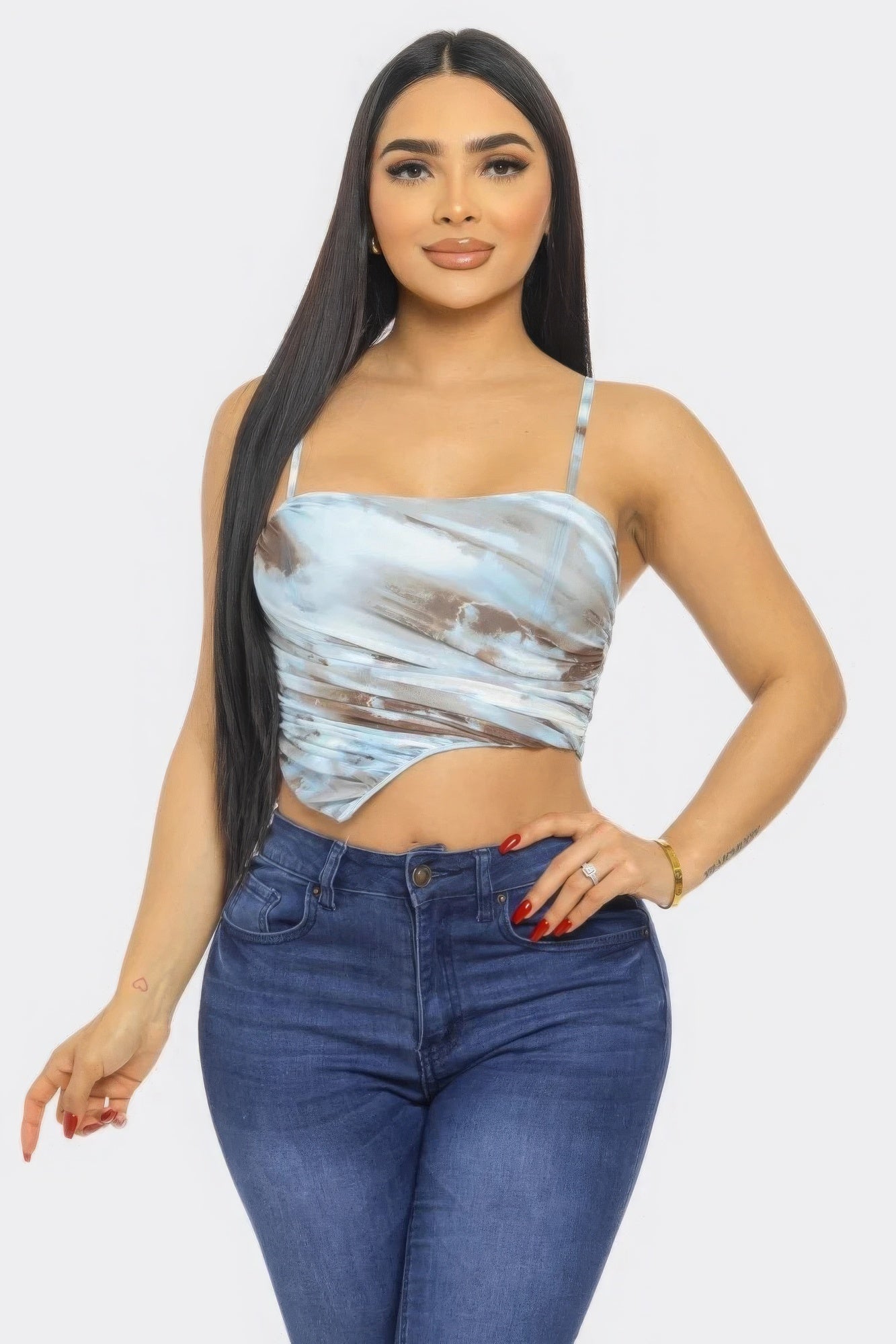 Blue Multicolor Mesh Print Top
