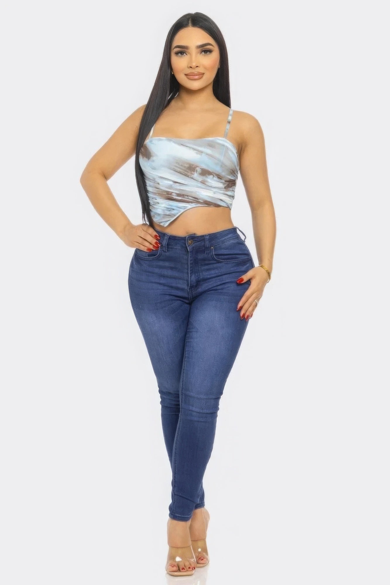 Blue Multicolor Mesh Print Top