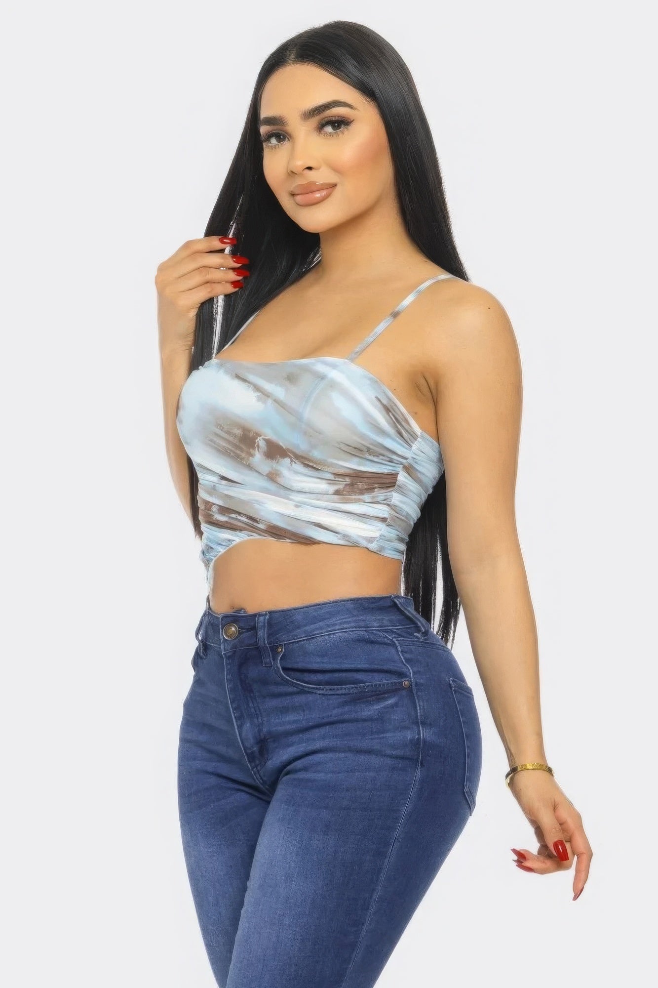Blue Multicolor Mesh Print Top