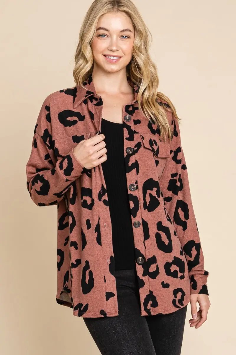 Sweaters Trendsi Animal Print Knit Shacket Women's Casual Button Up Shirt - Soft, USA Ship