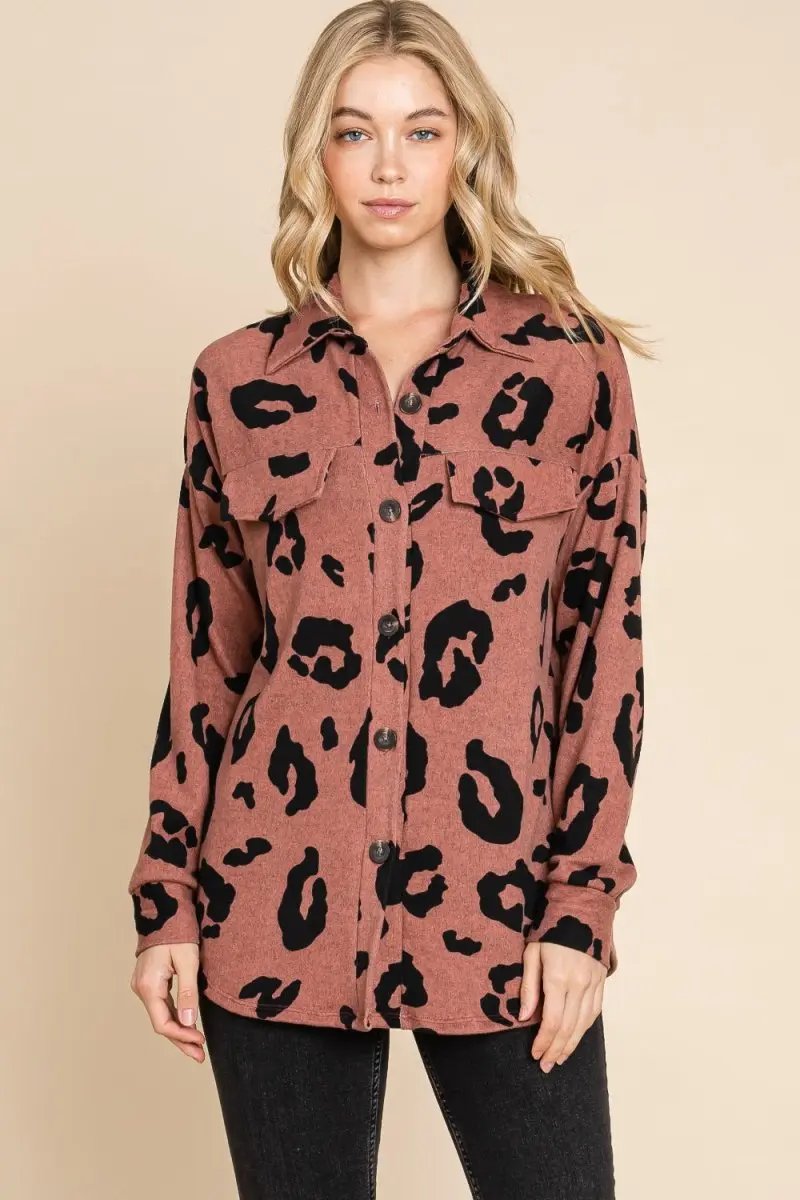 Sweaters Trendsi Animal Print Knit Shacket Women's Casual Button Up Shirt - Soft, USA Ship
