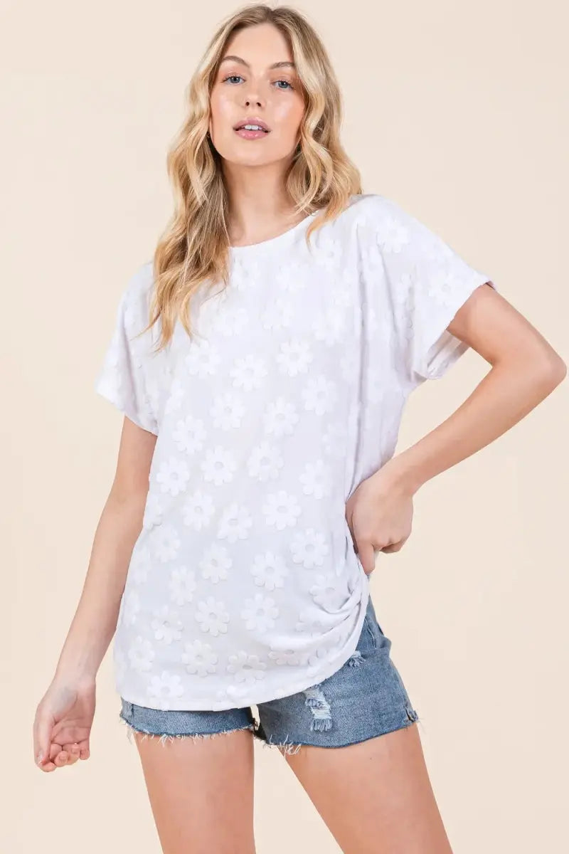 T-Shirts Trendsi Floral Textured Tee Women's Casual Short Sleeve T-Shirt USA Ship