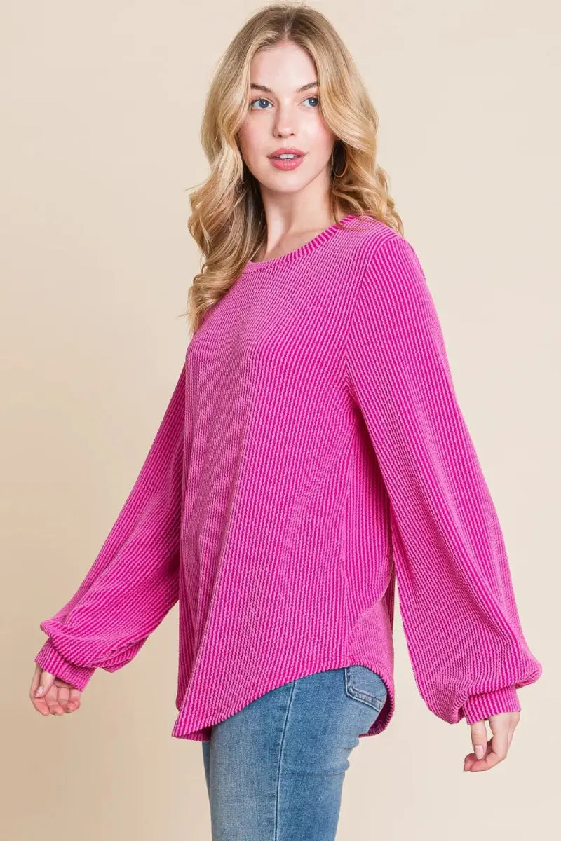 T-Shirts Trendsi Ribbed Long Sleeve Top Women's Everyday Curved Hem T-Shirt Soft & Stylish